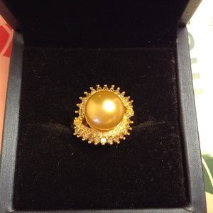 Size 6 Golden South Sea Pearl Ring With White and Champagne Diamonds